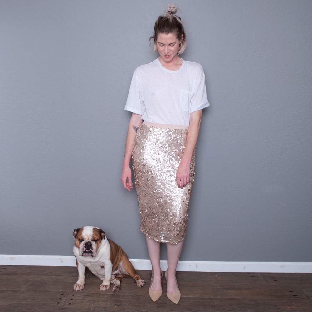 Gold sequined skirt.